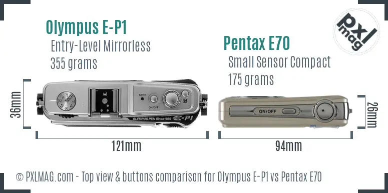 Olympus E-P1 vs Pentax E70 top view buttons comparison