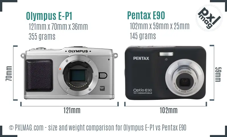 Olympus E-P1 vs Pentax E90 size comparison