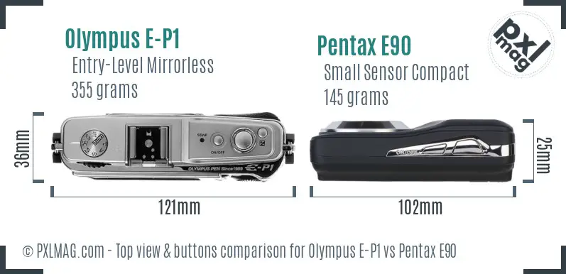 Olympus E-P1 vs Pentax E90 top view buttons comparison