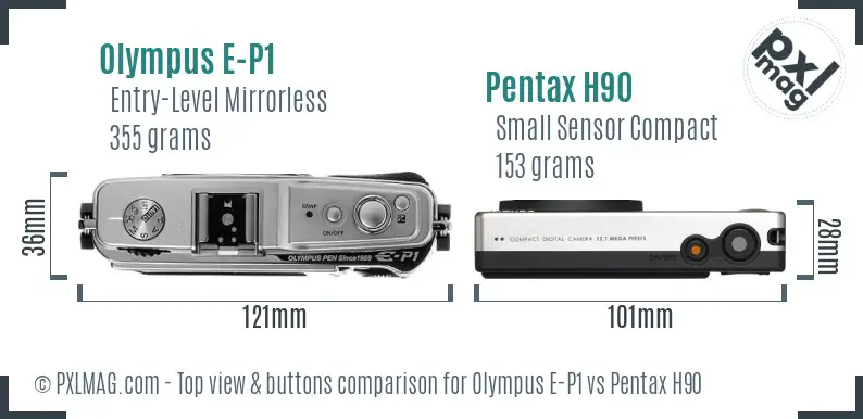 Olympus E-P1 vs Pentax H90 top view buttons comparison