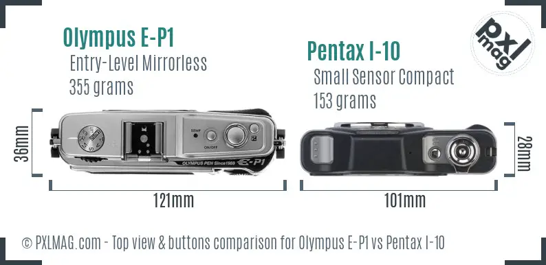 Olympus E-P1 vs Pentax I-10 top view buttons comparison