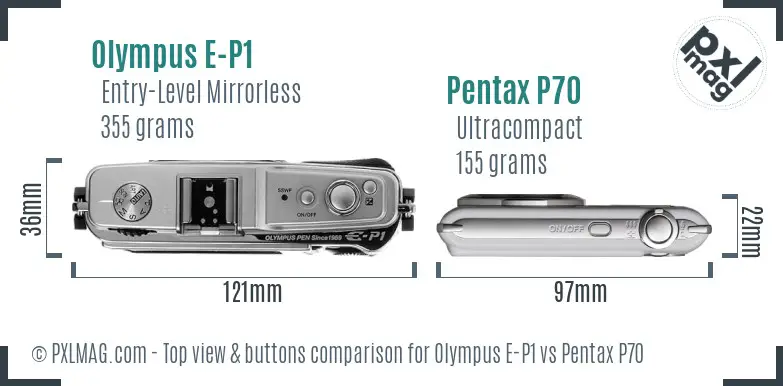 Olympus E-P1 vs Pentax P70 top view buttons comparison
