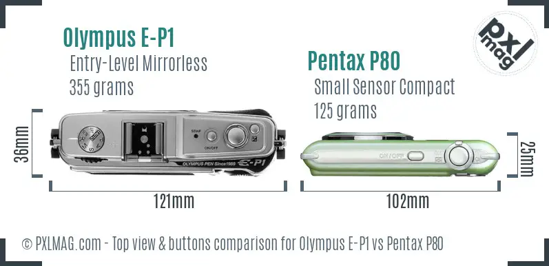 Olympus E-P1 vs Pentax P80 top view buttons comparison