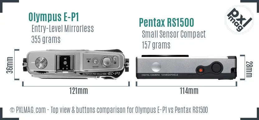 Olympus E-P1 vs Pentax RS1500 top view buttons comparison