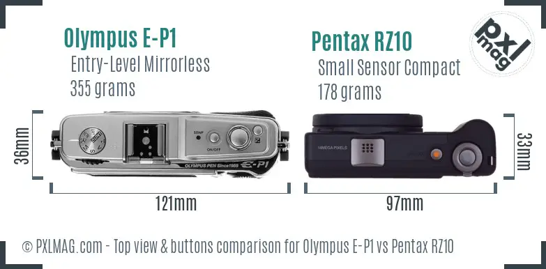 Olympus E-P1 vs Pentax RZ10 top view buttons comparison