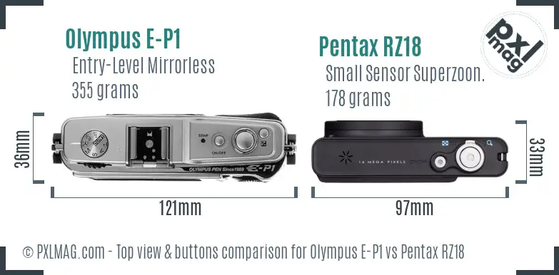 Olympus E-P1 vs Pentax RZ18 top view buttons comparison