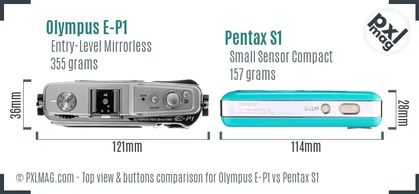 Olympus E-P1 vs Pentax S1 top view buttons comparison