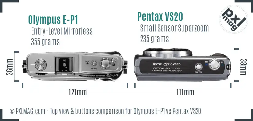 Olympus E-P1 vs Pentax VS20 top view buttons comparison