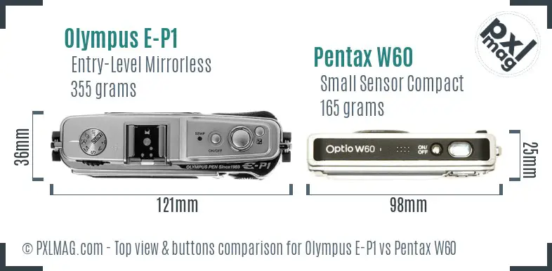 Olympus E-P1 vs Pentax W60 top view buttons comparison