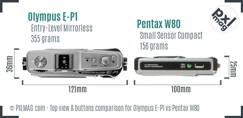 Olympus E-P1 vs Pentax W80 top view buttons comparison