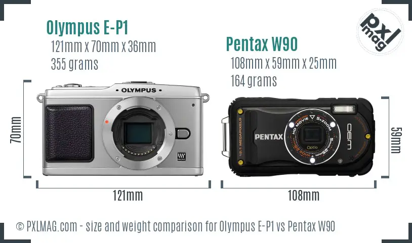 Olympus E-P1 vs Pentax W90 size comparison