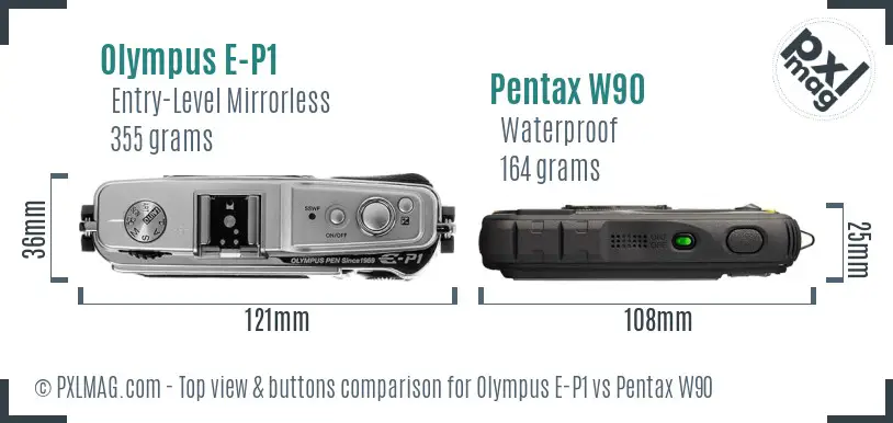 Olympus E-P1 vs Pentax W90 top view buttons comparison