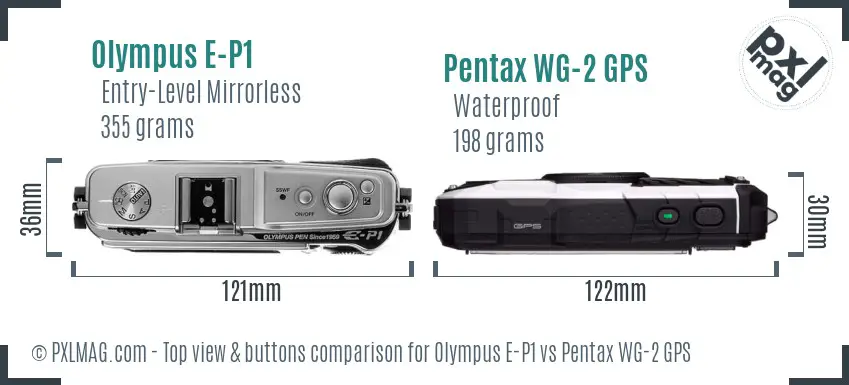 Olympus E-P1 vs Pentax WG-2 GPS top view buttons comparison
