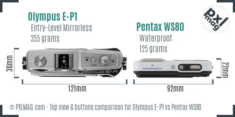 Olympus E-P1 vs Pentax WS80 top view buttons comparison