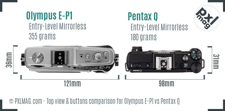 Olympus E-P1 vs Pentax Q top view buttons comparison