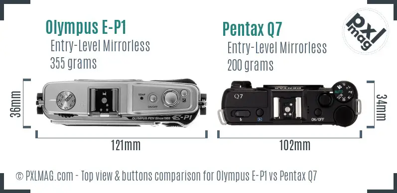 Olympus E-P1 vs Pentax Q7 top view buttons comparison
