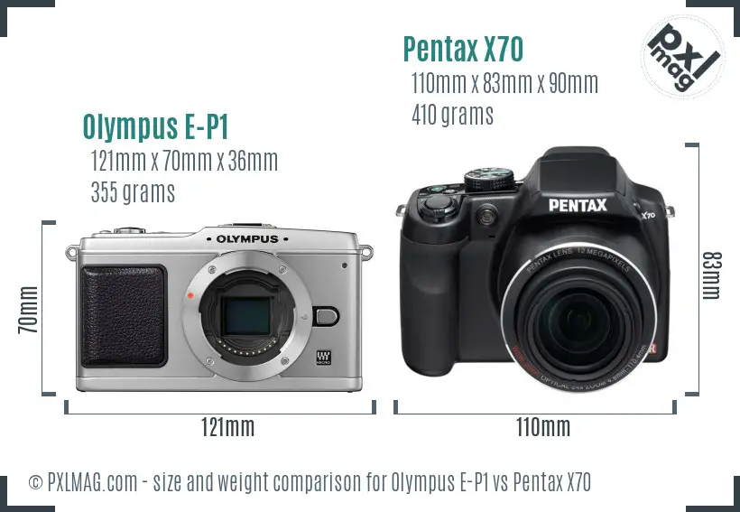 Olympus E-P1 vs Pentax X70 size comparison