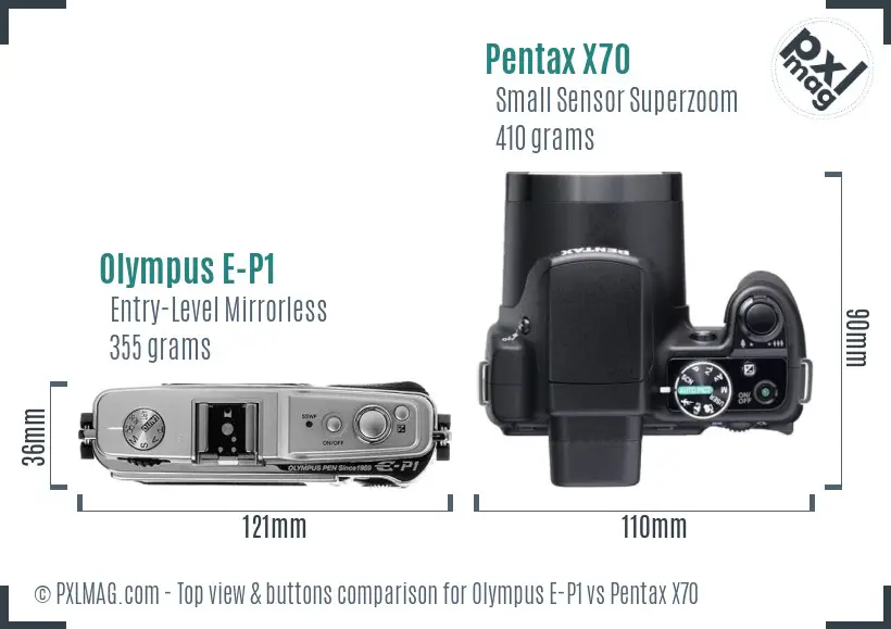 Olympus E-P1 vs Pentax X70 top view buttons comparison