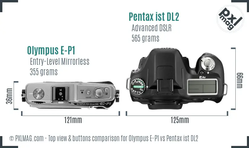 Olympus E-P1 vs Pentax ist DL2 top view buttons comparison