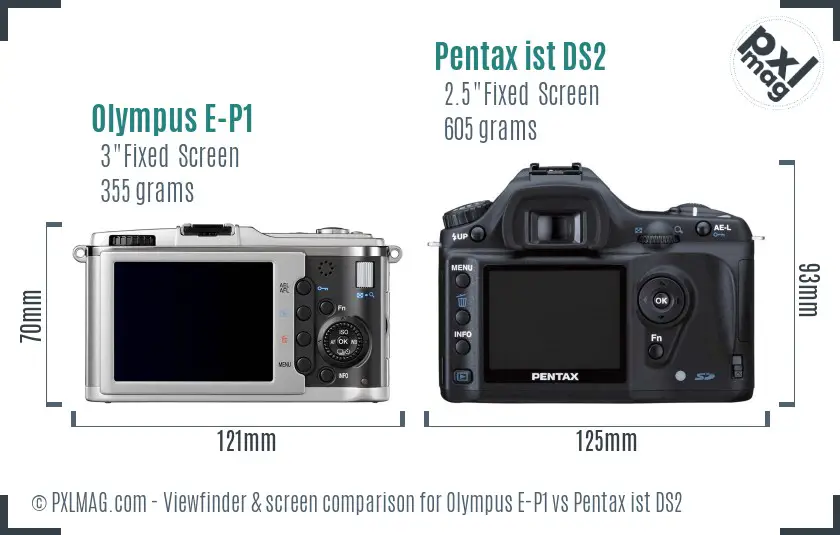 Olympus E-P1 vs Pentax ist DS2 Screen and Viewfinder comparison