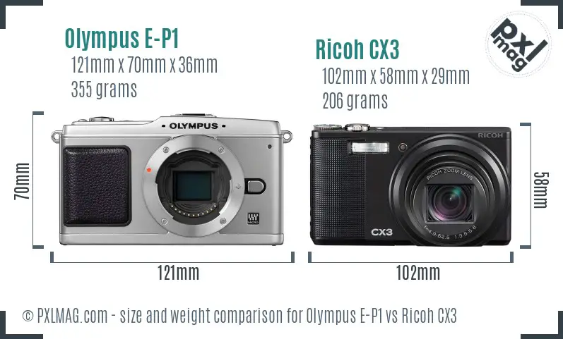 Olympus E-P1 vs Ricoh CX3 size comparison