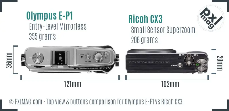 Olympus E-P1 vs Ricoh CX3 top view buttons comparison