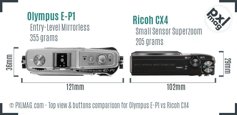 Olympus E-P1 vs Ricoh CX4 top view buttons comparison