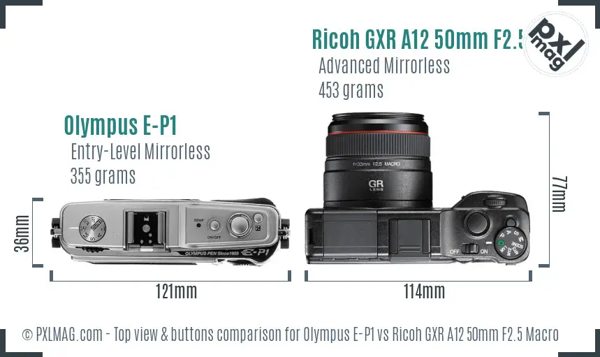 Olympus E-P1 vs Ricoh GXR A12 50mm F2.5 Macro top view buttons comparison