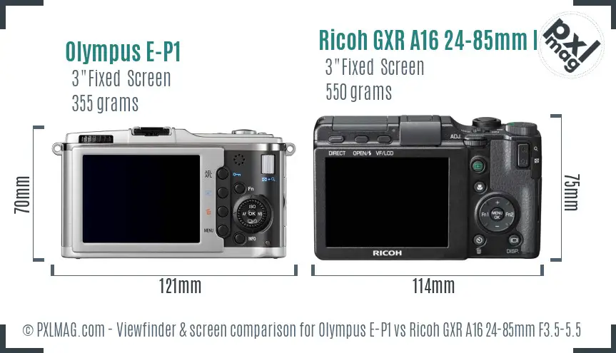 Olympus E-P1 vs Ricoh GXR A16 24-85mm F3.5-5.5 Screen and Viewfinder comparison
