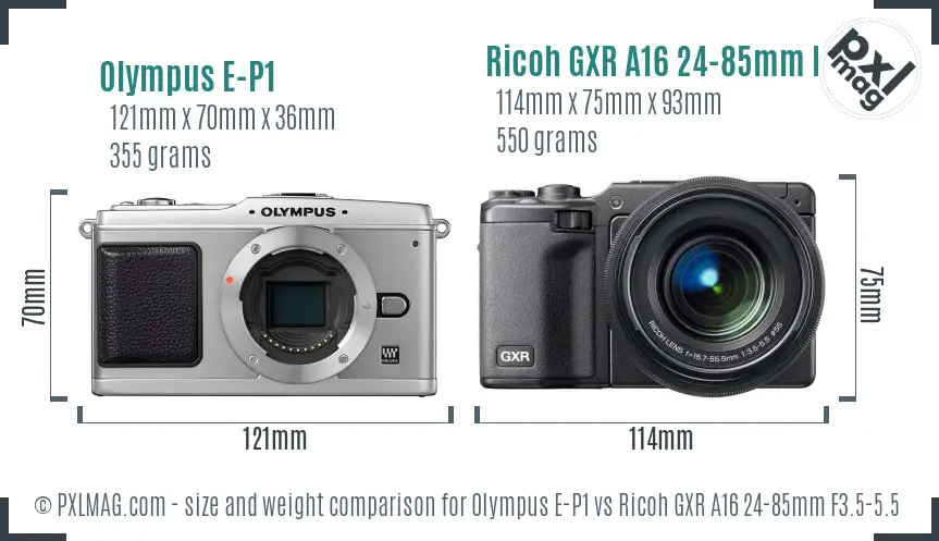 Olympus E-P1 vs Ricoh GXR A16 24-85mm F3.5-5.5 size comparison Olympus E-P1 vs Ricoh GXR A16 24-85mm F3.5-5.5 size comparison