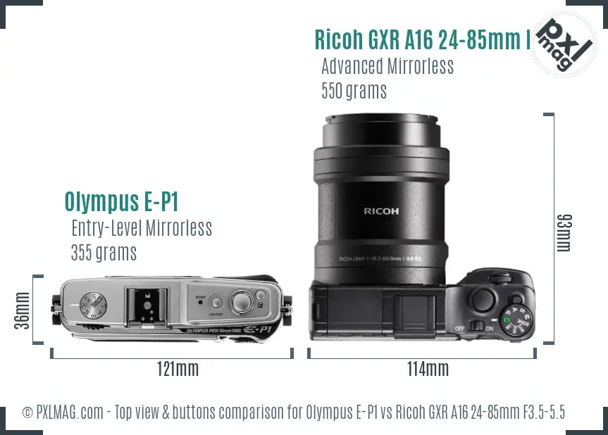 Olympus E-P1 vs Ricoh GXR A16 24-85mm F3.5-5.5 top view buttons comparison