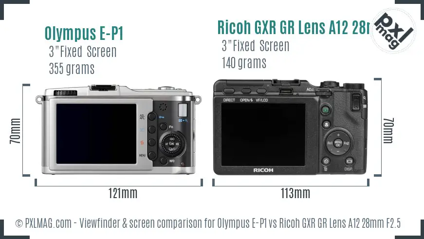 Olympus E-P1 vs Ricoh GXR GR Lens A12 28mm F2.5 Screen and Viewfinder comparison