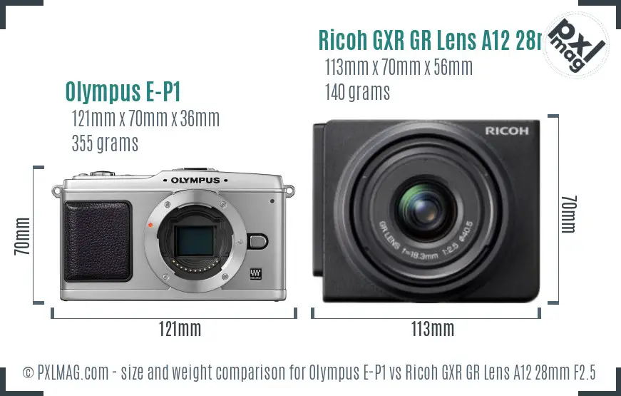 Olympus E-P1 vs Ricoh GXR GR Lens A12 28mm F2.5 size comparison