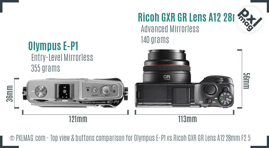 Olympus E-P1 vs Ricoh GXR GR Lens A12 28mm F2.5 top view buttons comparison