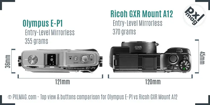 Olympus E-P1 vs Ricoh GXR Mount A12 top view buttons comparison
