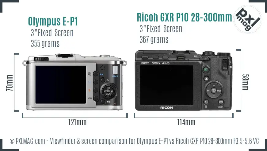 Olympus E-P1 vs Ricoh GXR P10 28-300mm F3.5-5.6 VC Screen and Viewfinder comparison