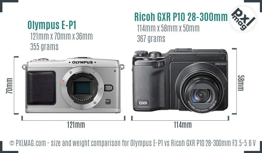 Olympus E-P1 vs Ricoh GXR P10 28-300mm F3.5-5.6 VC size comparison