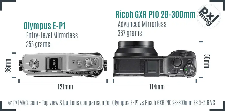 Olympus E-P1 vs Ricoh GXR P10 28-300mm F3.5-5.6 VC top view buttons comparison