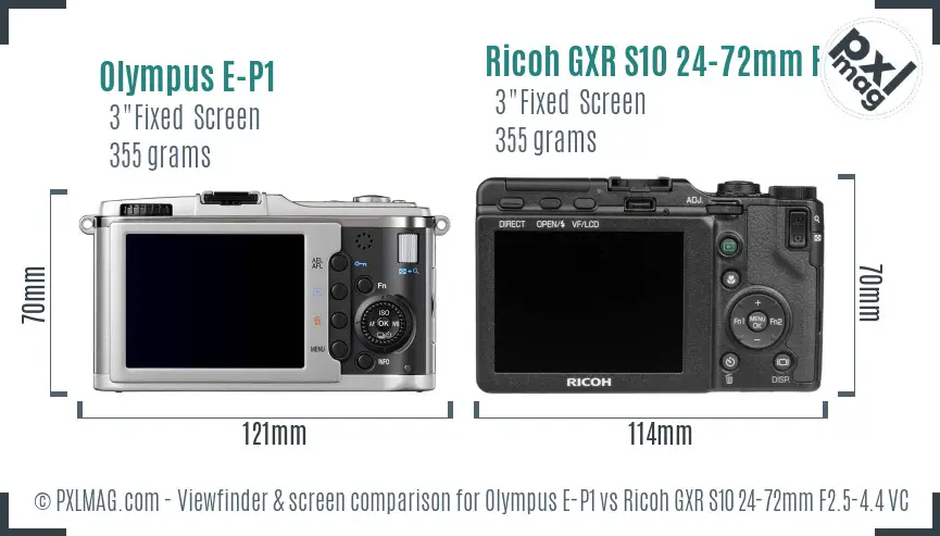 Olympus E-P1 vs Ricoh GXR S10 24-72mm F2.5-4.4 VC Screen and Viewfinder comparison