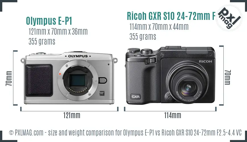 Olympus E-P1 vs Ricoh GXR S10 24-72mm F2.5-4.4 VC size comparison