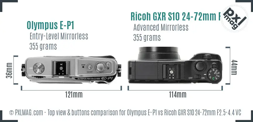 Olympus E-P1 vs Ricoh GXR S10 24-72mm F2.5-4.4 VC top view buttons comparison