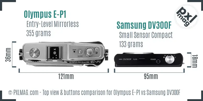 Olympus E-P1 vs Samsung DV300F top view buttons comparison Olympus E-P1 vs Samsung DV300F top view buttons comparison