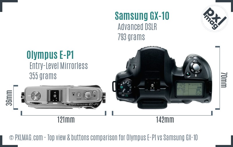 Olympus E-P1 vs Samsung GX-10 top view buttons comparison