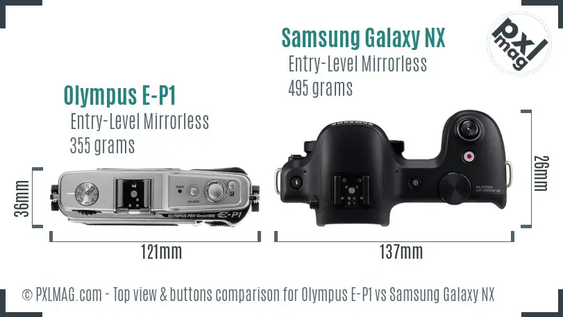 Olympus E-P1 vs Samsung Galaxy NX top view buttons comparison