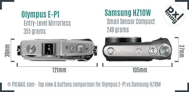 Olympus E-P1 vs Samsung HZ10W top view buttons comparison Olympus E-P1 vs Samsung HZ10W top view buttons comparison
