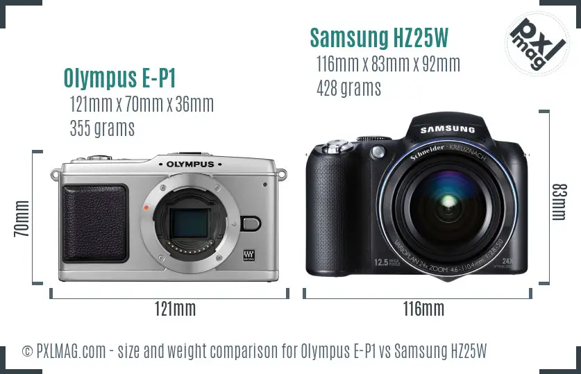 Olympus E-P1 vs Samsung HZ25W size comparison