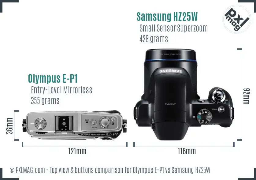 Olympus E-P1 vs Samsung HZ25W top view buttons comparison