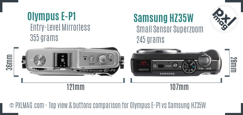 Olympus E-P1 vs Samsung HZ35W top view buttons comparison