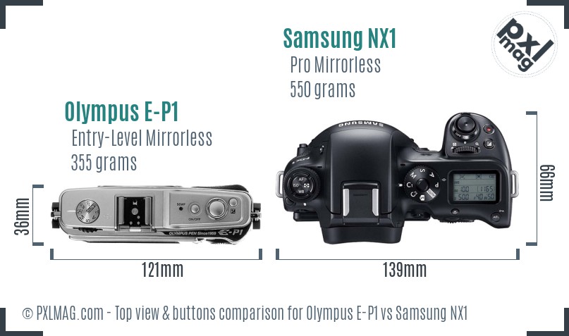 Olympus E-P1 vs Samsung NX1 top view buttons comparison