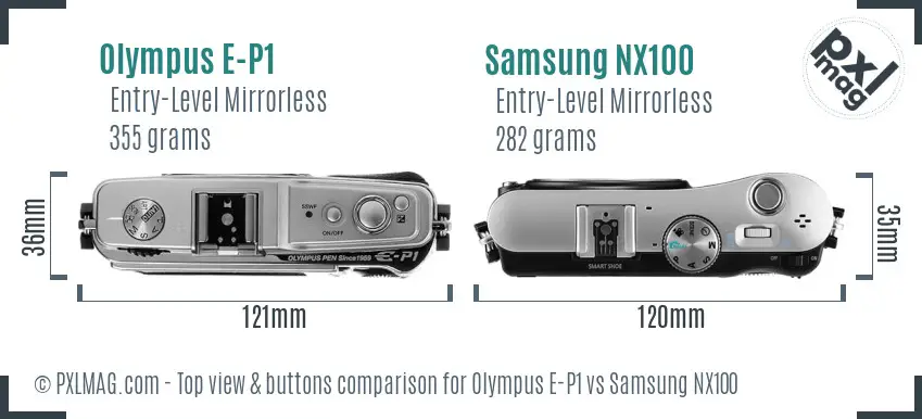 Olympus E-P1 vs Samsung NX100 top view buttons comparison